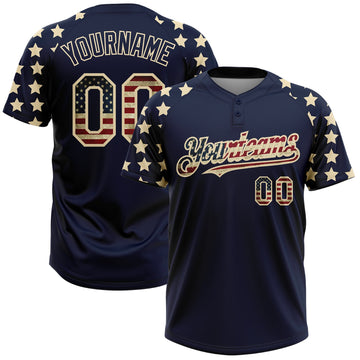 BlueJose Personalized Navy Vintage USA Flag-Cream 3D American Flag Fashion Two-Button Unisex Softball Jersey