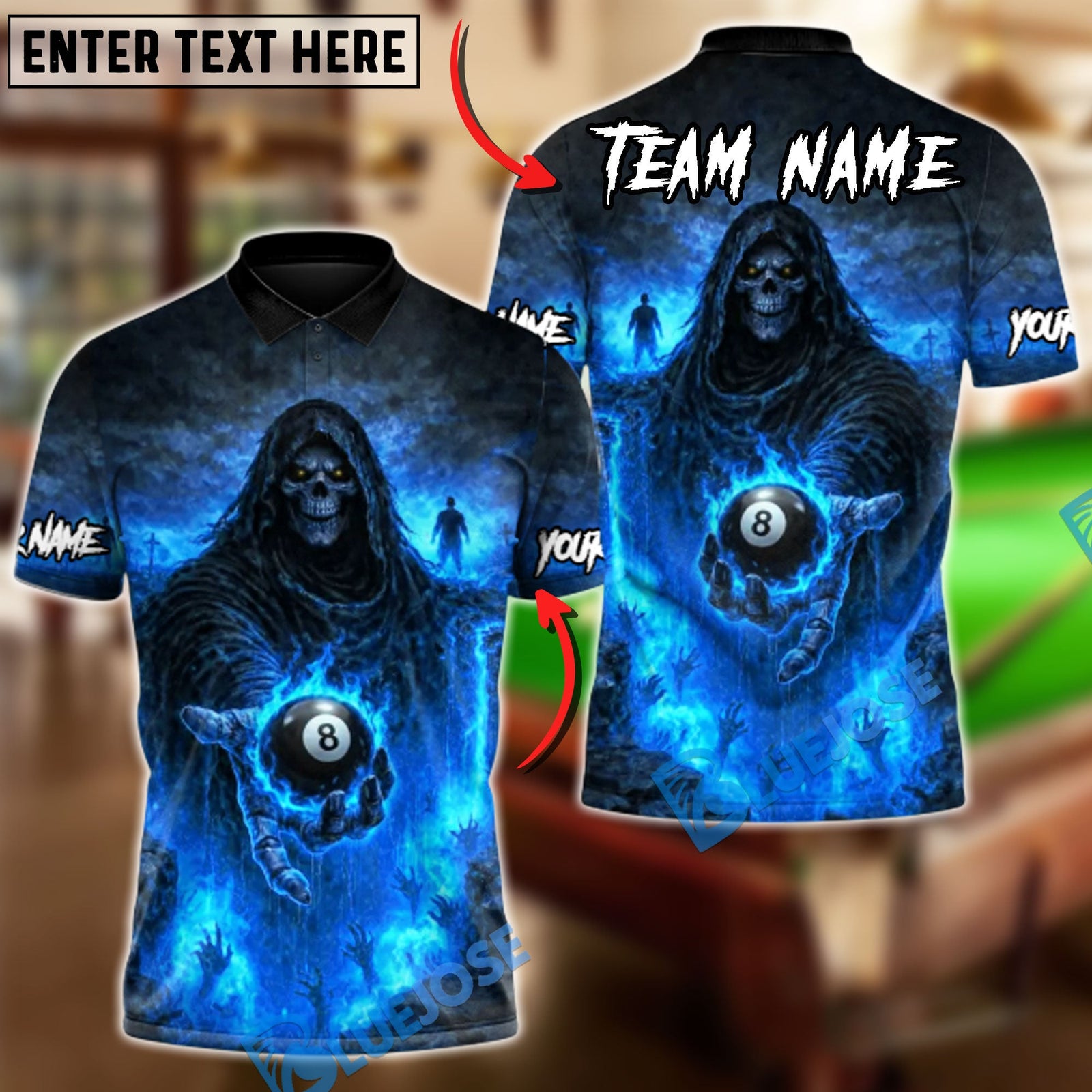 BlueJose Billiards 8 Ball Grim Reaper Hellfire Personalized Name Shirt (4 Colors)