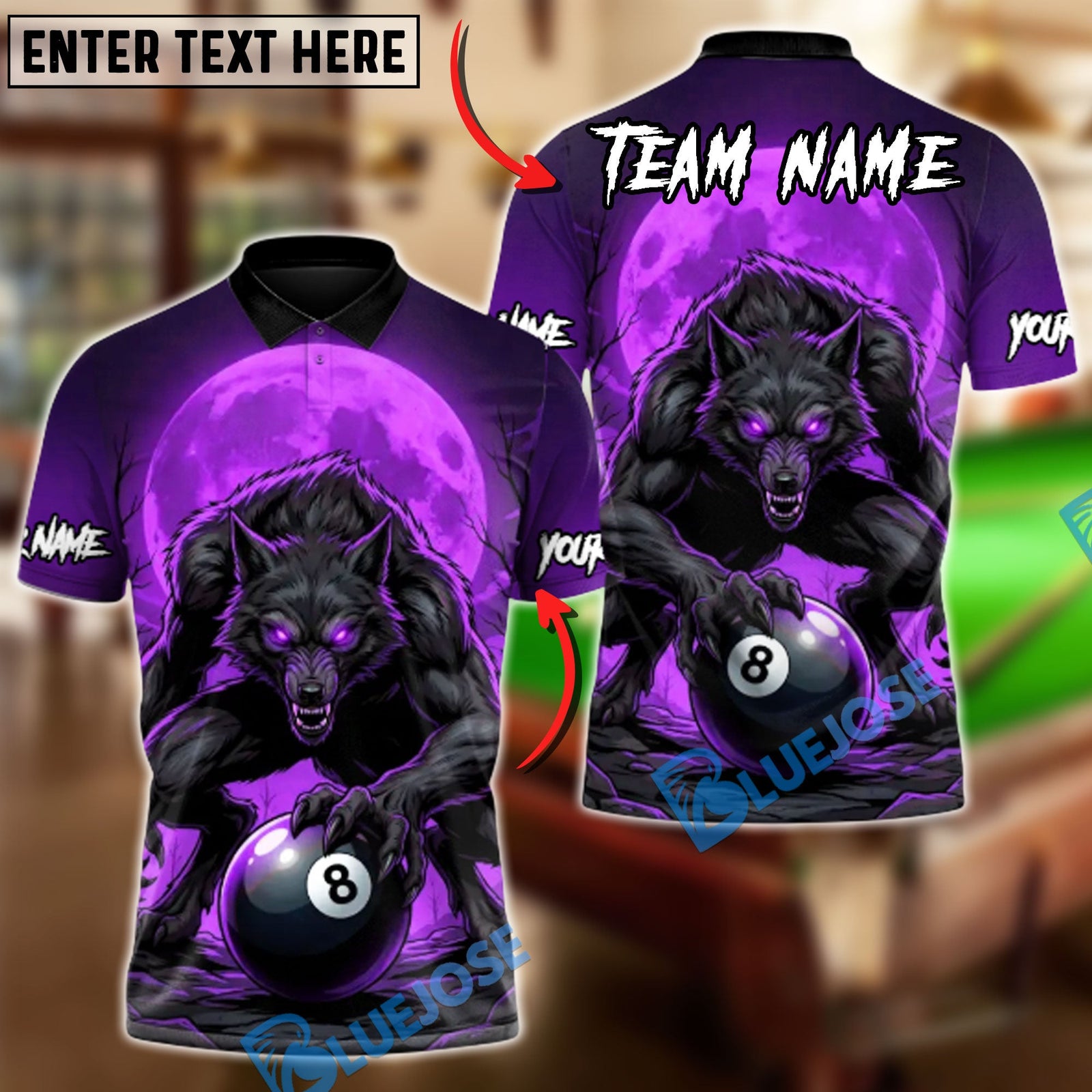 BlueJose Billiards 8 Ball Wolf Blood Moon Personalized Name Shirt (4 Colors)