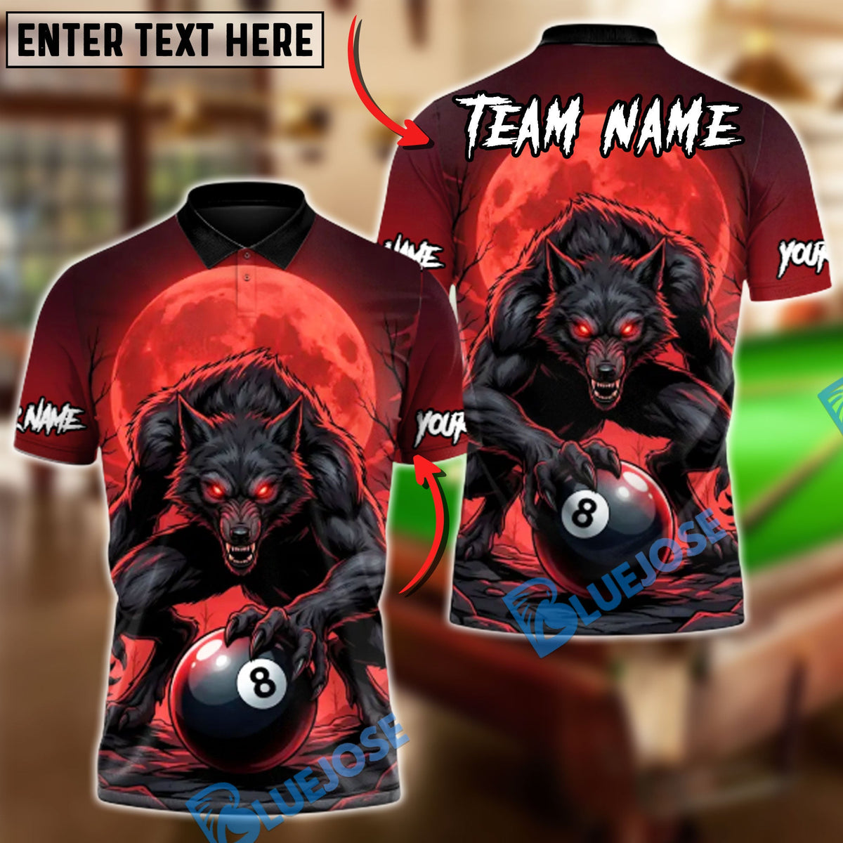BlueJose Billiards 8 Ball Wolf Blood Moon Personalized Name Shirt (4 Colors)