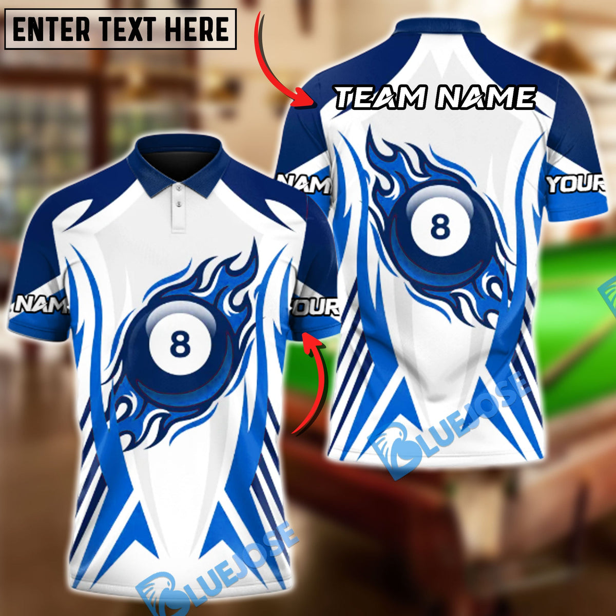 BlueJose Billiards 8 Ball Flaming Personalized Name Shirt (4 Colors)