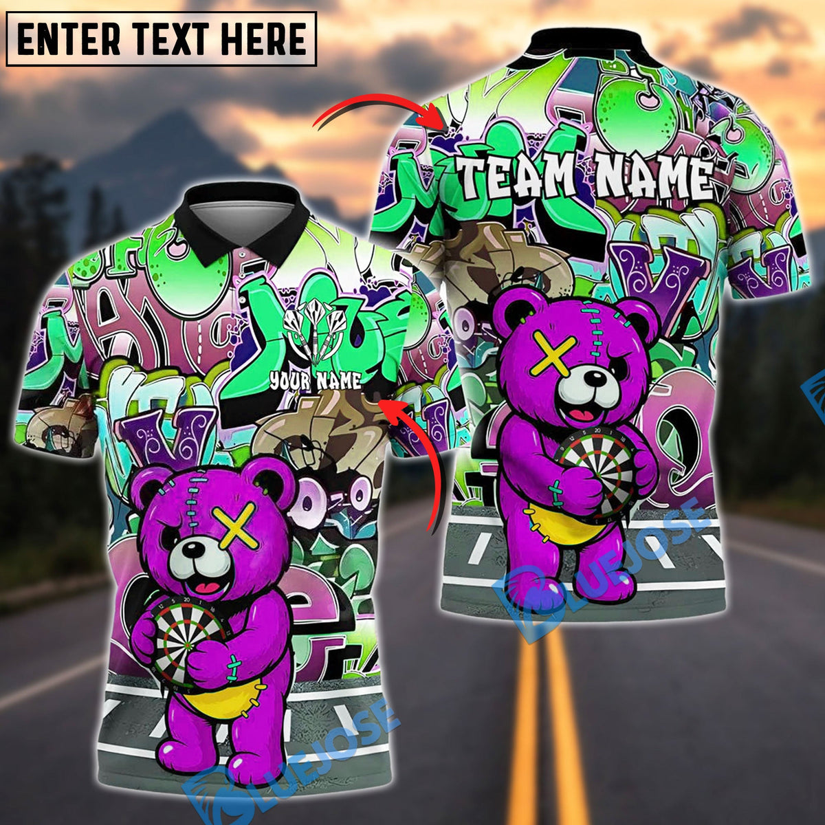 BlueJose Darts Teddy Bear Graffiti Personalized Name, Team Name Shirt (4 Colors)