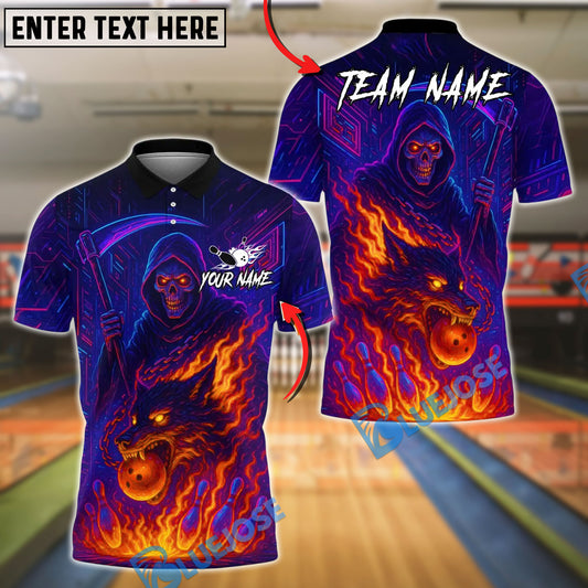 BlueJose Bowling And Pins Flame Grim Reaper With Fire Wolf Design Customized Name, Team Name 3D Shirt (4 Colors)