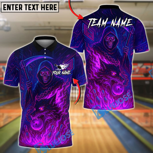 BlueJose Bowling And Pins Flame Grim Reaper With Fire Wolf Design Customized Name, Team Name 3D Shirt (4 Colors)