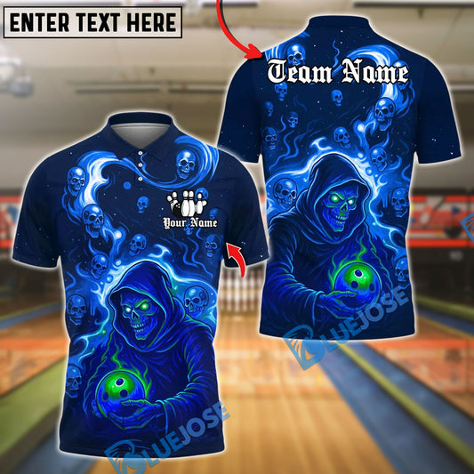 BlueJose Bowling And Pins Flame Grim Reaper With Bowling Design Customized Name, Team Name 3D Shirt (4 Colors)
