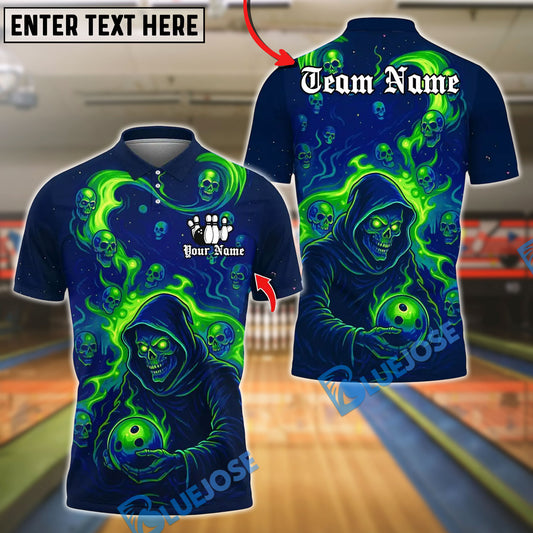 BlueJose Bowling And Pins Flame Grim Reaper With Bowling Design Customized Name, Team Name 3D Shirt (4 Colors)