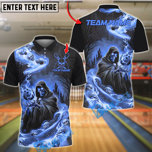 BlueJose Bowling And Pins Flame Reaper And Fire Skull Design Customized Name, Team Name 3D Shirt (4 Colors)