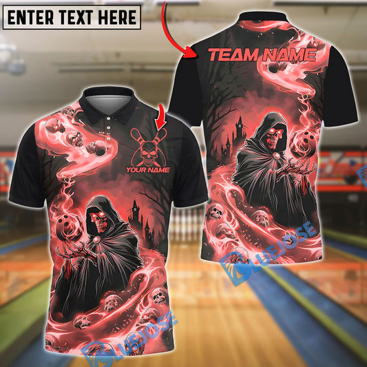 BlueJose Bowling And Pins Flame Reaper And Fire Skull Design Customized Name, Team Name 3D Shirt (4 Colors)