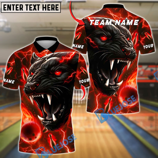 BlueJose Bowling And Pins Black Panther Thunder Flame Design Customized Name, Team Name 3D Shirt (4 Colors)