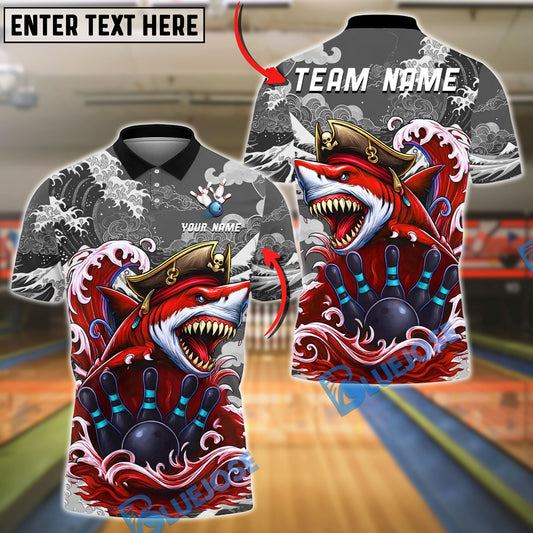 BlueJose Bowling And Pins Shark Pirate Design Customized Name, Team Name 3D Shirt (4 Colors)