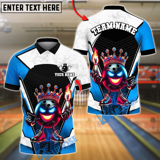 BlueJose Bowling And Pins Crown Flame Ball Black Smoke Design Customized Name, Team Name 3D Shirt (4 Colors)