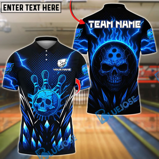 BlueJose Bowling And Pins Ice Neon Skull Vibes Design Customized Name, Team Name 3D Shirt (4 Colors)