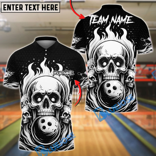 BlueJose Bowling And Pins Flame Skull Team Design 2 Customized Name, Team Name 3D Shirt (4 Colors)
