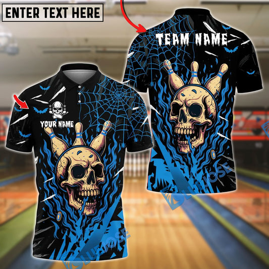 BlueJose Bowling And Pins Flame Bowling Skull Halloween Design Customized Name, Team Name 3D Shirt (4 Colors)