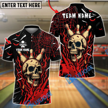 BlueJose Bowling And Pins Flame Bowling Skull Halloween Design Customized Name, Team Name 3D Shirt (4 Colors)