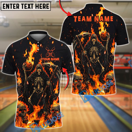 BlueJose Bowling And Pins Flame Reaper And Fire Skull Design Customized Name, Team Name 3D Shirt (4 Colors)