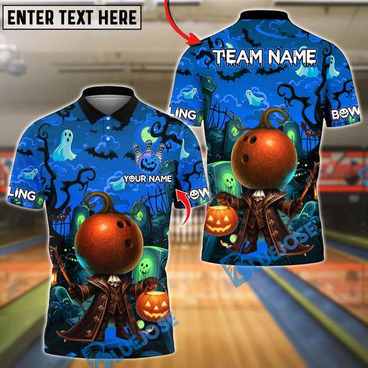 BlueJose Bowling And Pins Halloween Bowling With Pumpkin Design Customized Name, Team Name 3D Shirt (4 Colors)