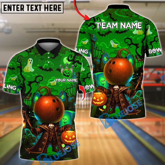 BlueJose Bowling And Pins Halloween Bowling With Pumpkin Design Customized Name, Team Name 3D Shirt (4 Colors)