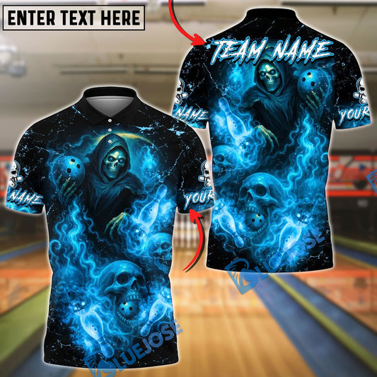 BlueJose Bowling And Pins Reaper And Fire Smoke Skull Design Customized Name, Team Name 3D Shirt (4 Colors)