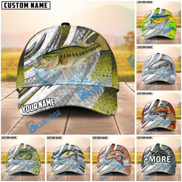 BlueJose Fishing Fish Scale Silver Stripe Personalized Name Classic 3D Cap (13 Breeds)