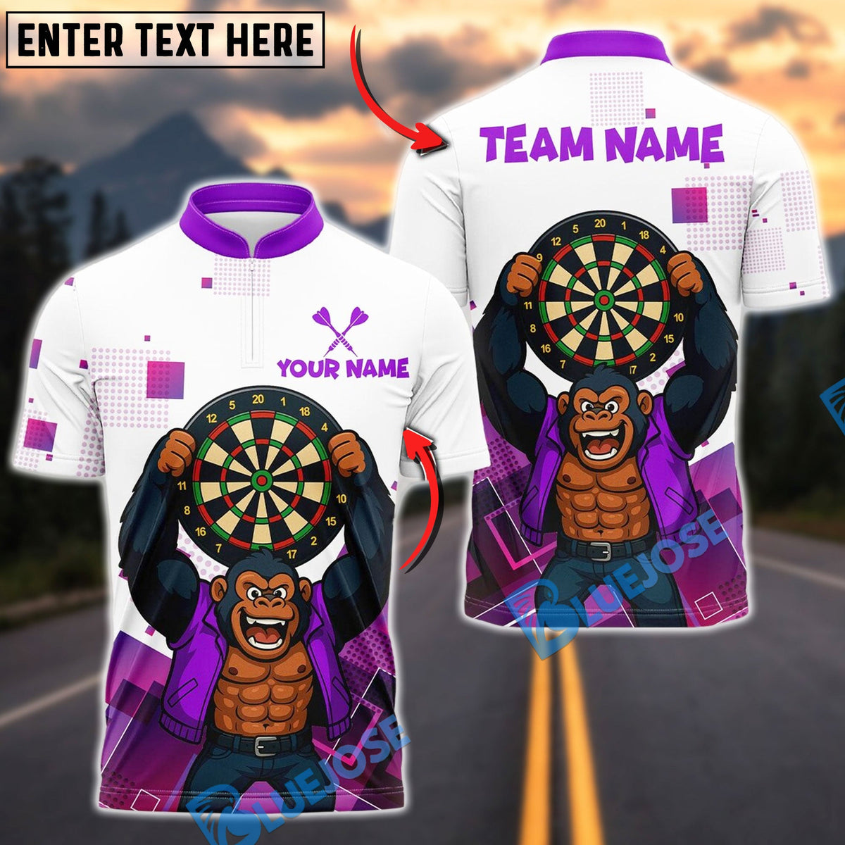 BlueJose Darts Gorilla King Rebel Attitude Customized Name, Team Name 3D Shirt (4 Colors)