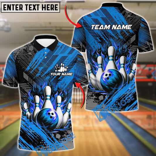 BlueJose Bowling And Pins Grunge Flame Customized Name, Team Name 3D Shirt (4 Colors)