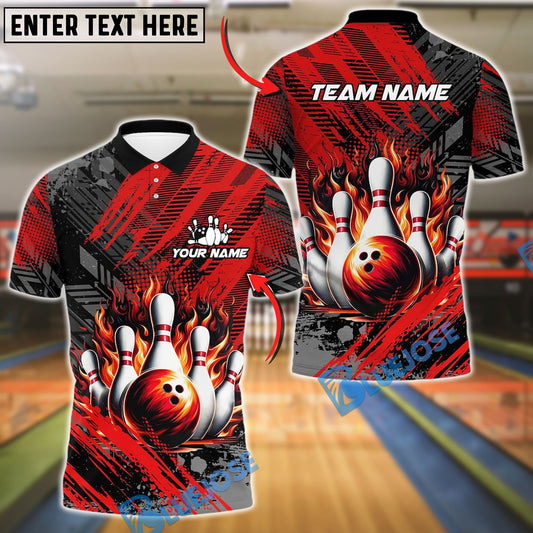 BlueJose Bowling And Pins Grunge Flame Customized Name, Team Name 3D Shirt (4 Colors)