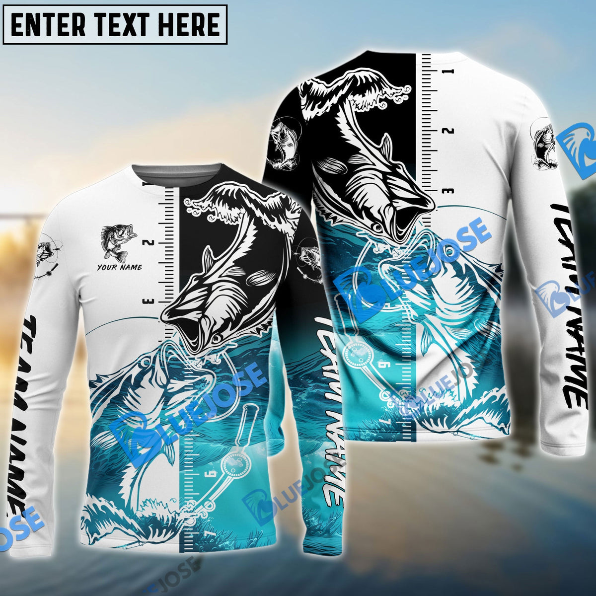 Bluejose Bass Fishing White Blue Water Custom Name &amp; Team Name 3D Shirts