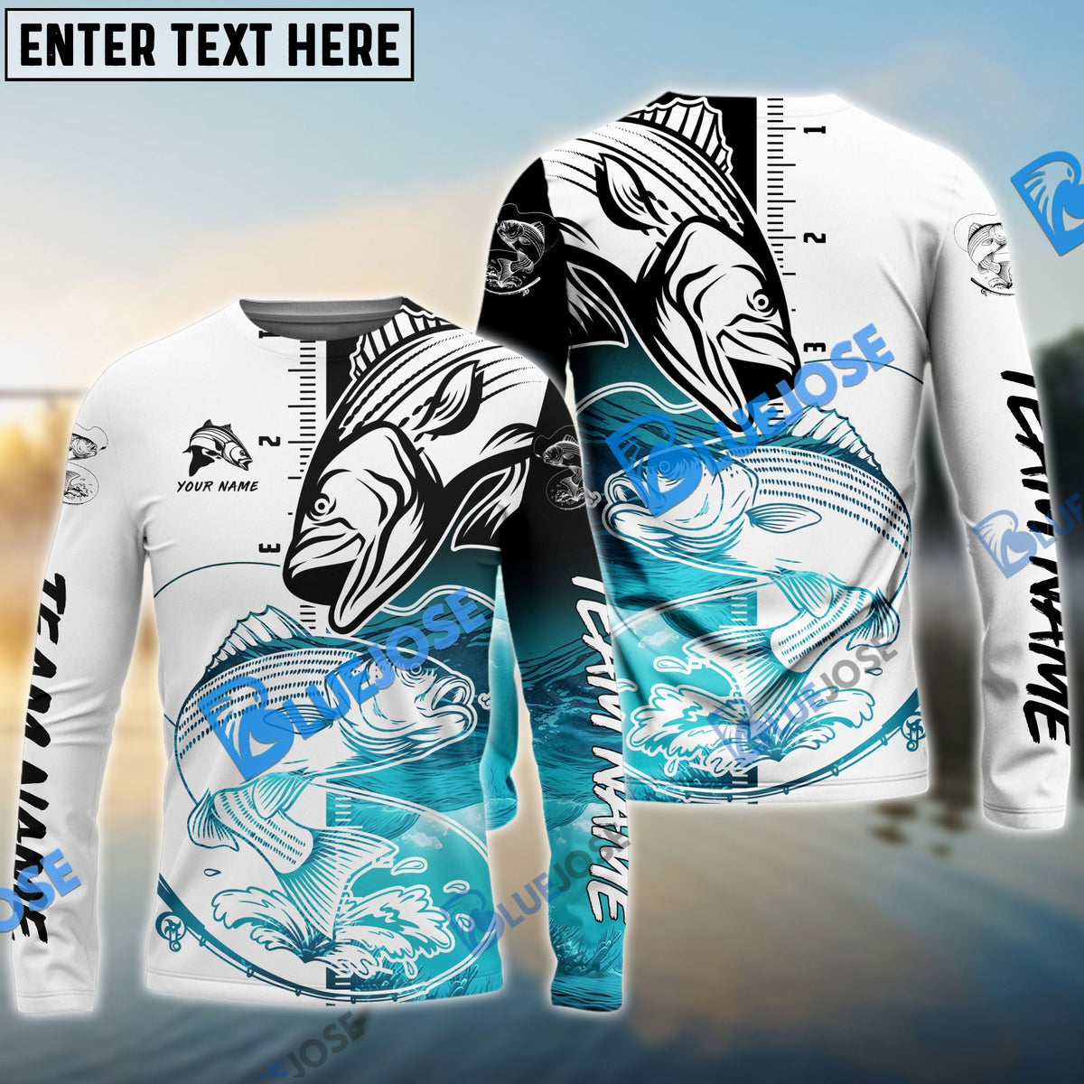 Bluejose Striped Bass Fishing White Blue Water Custom Name &amp; Team Name 3D Shirts