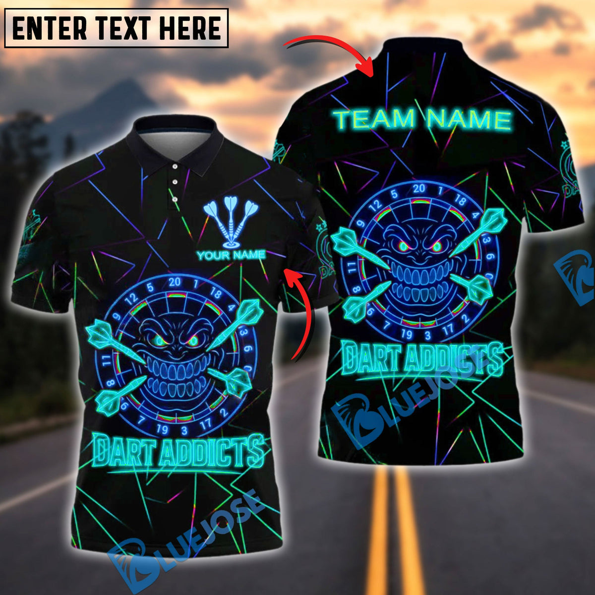 BlueJose Darts Neon Dart Addicts Rage Style Personalized Name, Team Name Shirt (4 Colors)
