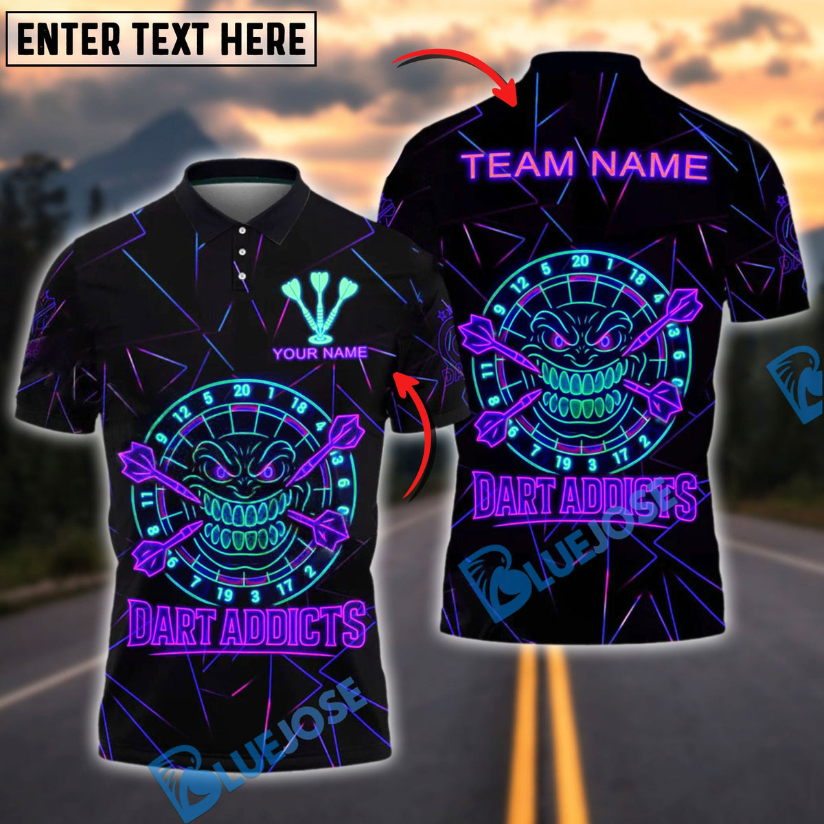 BlueJose Darts Neon Dart Addicts Rage Style Personalized Name, Team Name Shirt (4 Colors)