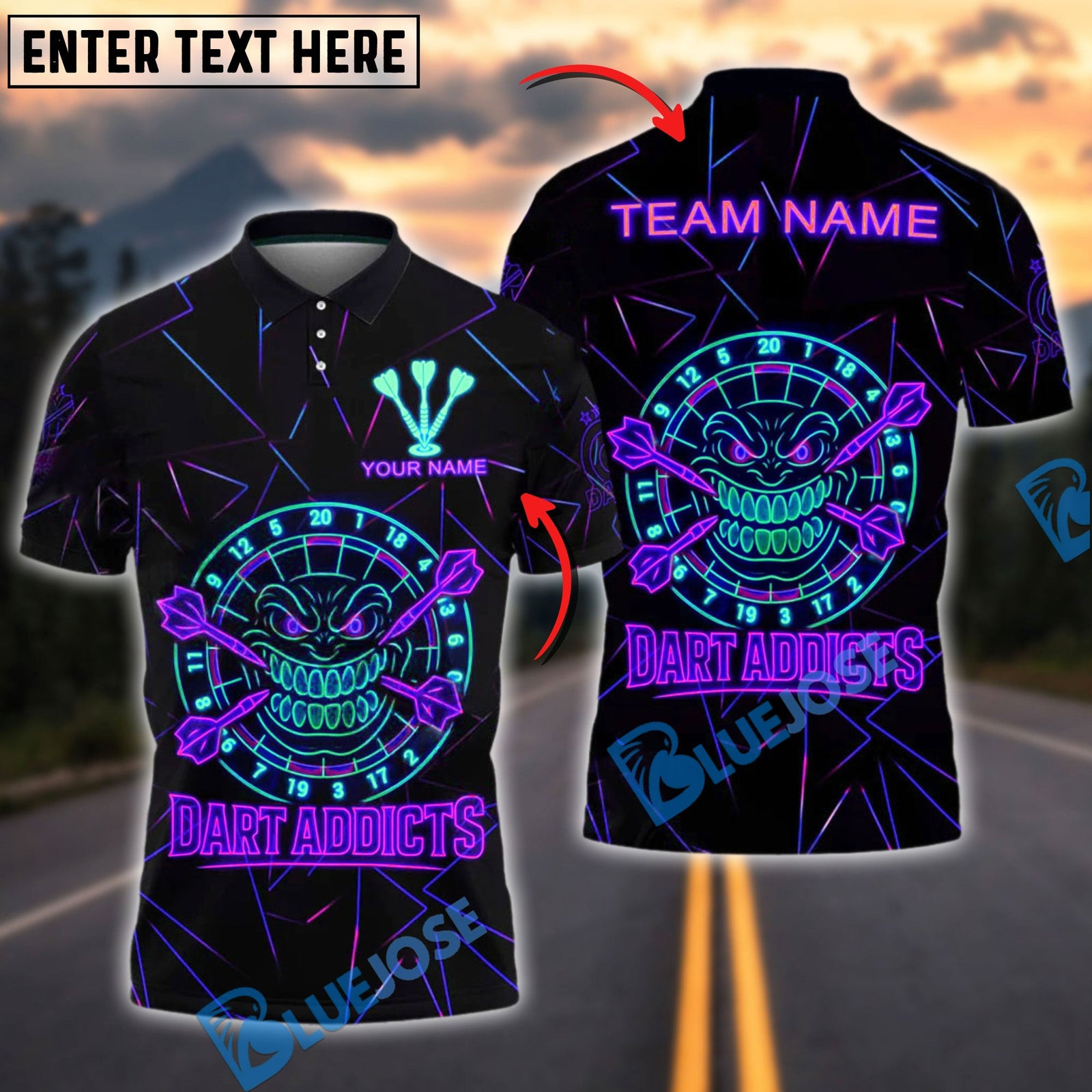 BlueJose Darts Neon Dart Addicts Rage Style Personalized Name, Team Name Shirt (4 Colors)