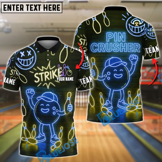 BlueJose Bowling Neon Strike Pin Crusher Style Customized Name, Team Name 3D Shirt (4 Colors)