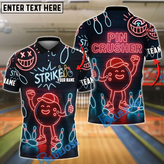 BlueJose Bowling Neon Strike Pin Crusher Style Customized Name, Team Name 3D Shirt (4 Colors)