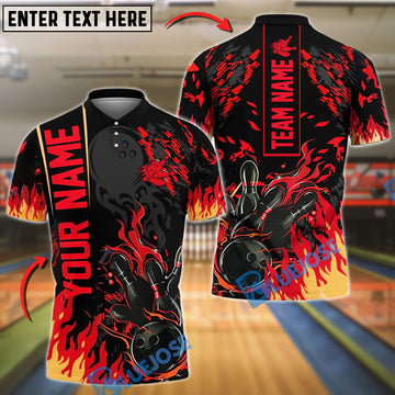 BlueJose Bowling And Pins Black Basic Flaming Design Customized Name 3D Shirt (6 Colors)