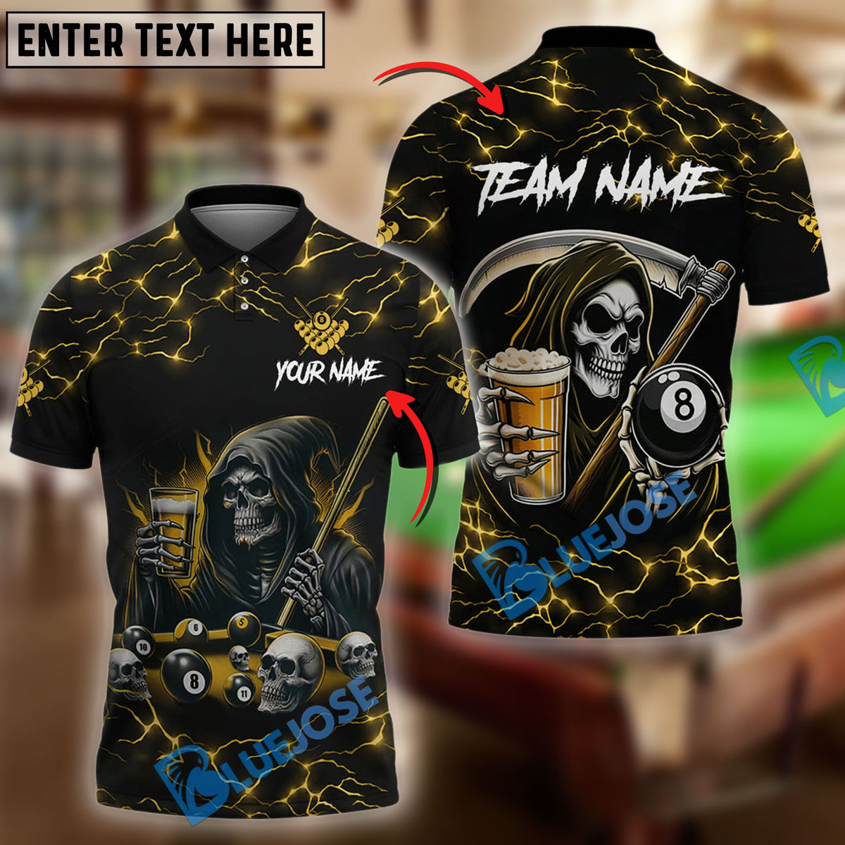 BlueJose Billiards Ball 8 Death Skeleton &amp; Beer Personalized Shirt (6 Colors)