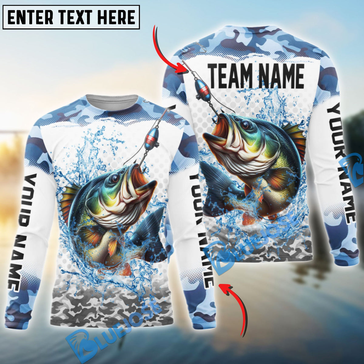 Bluejose Bass Fishing Black Water Blue Camo Custom Name &amp; Team Name 3D Shirts