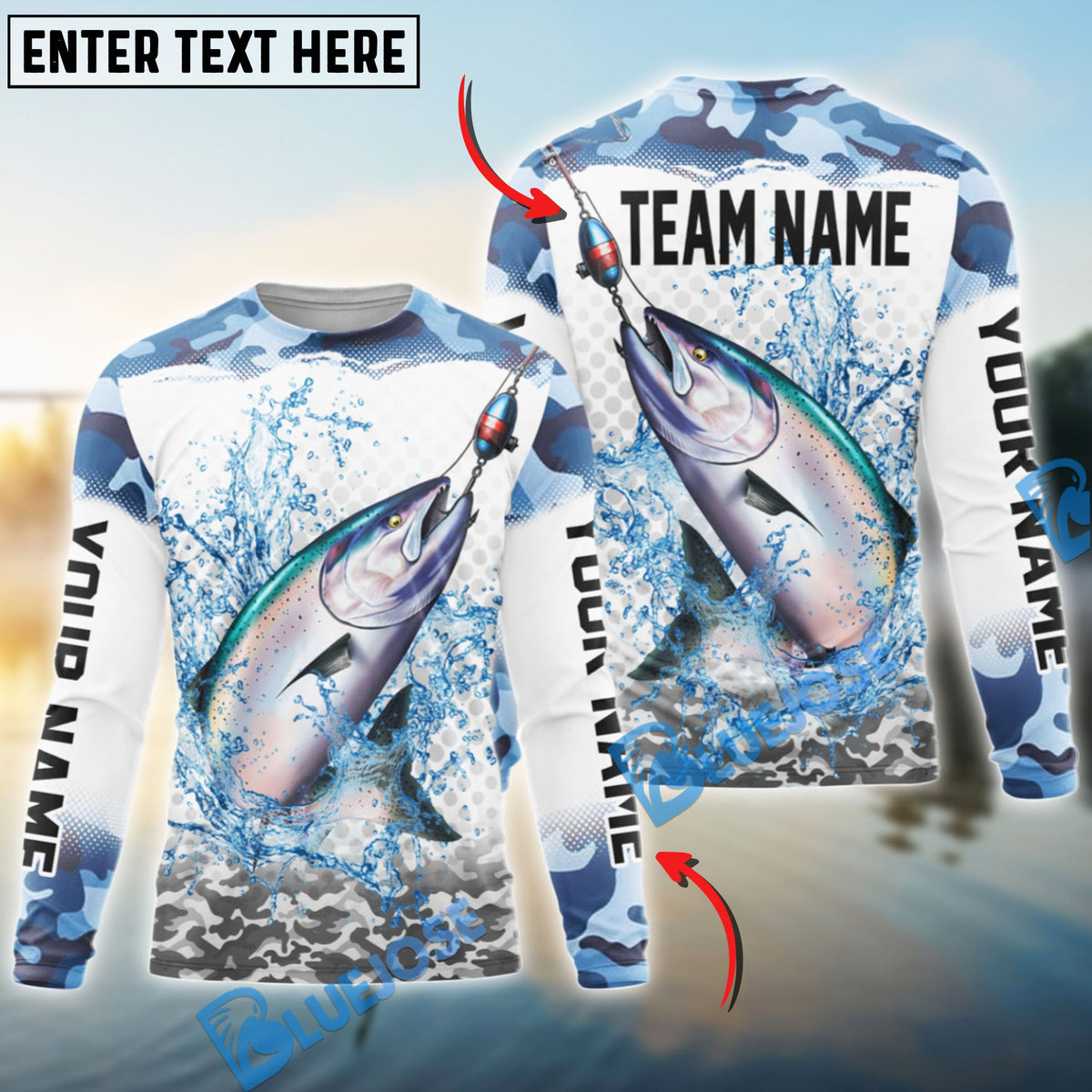Bluejose Salmon Fishing Black Water Blue Camo Custom Name &amp; Team Name 3D Shirts