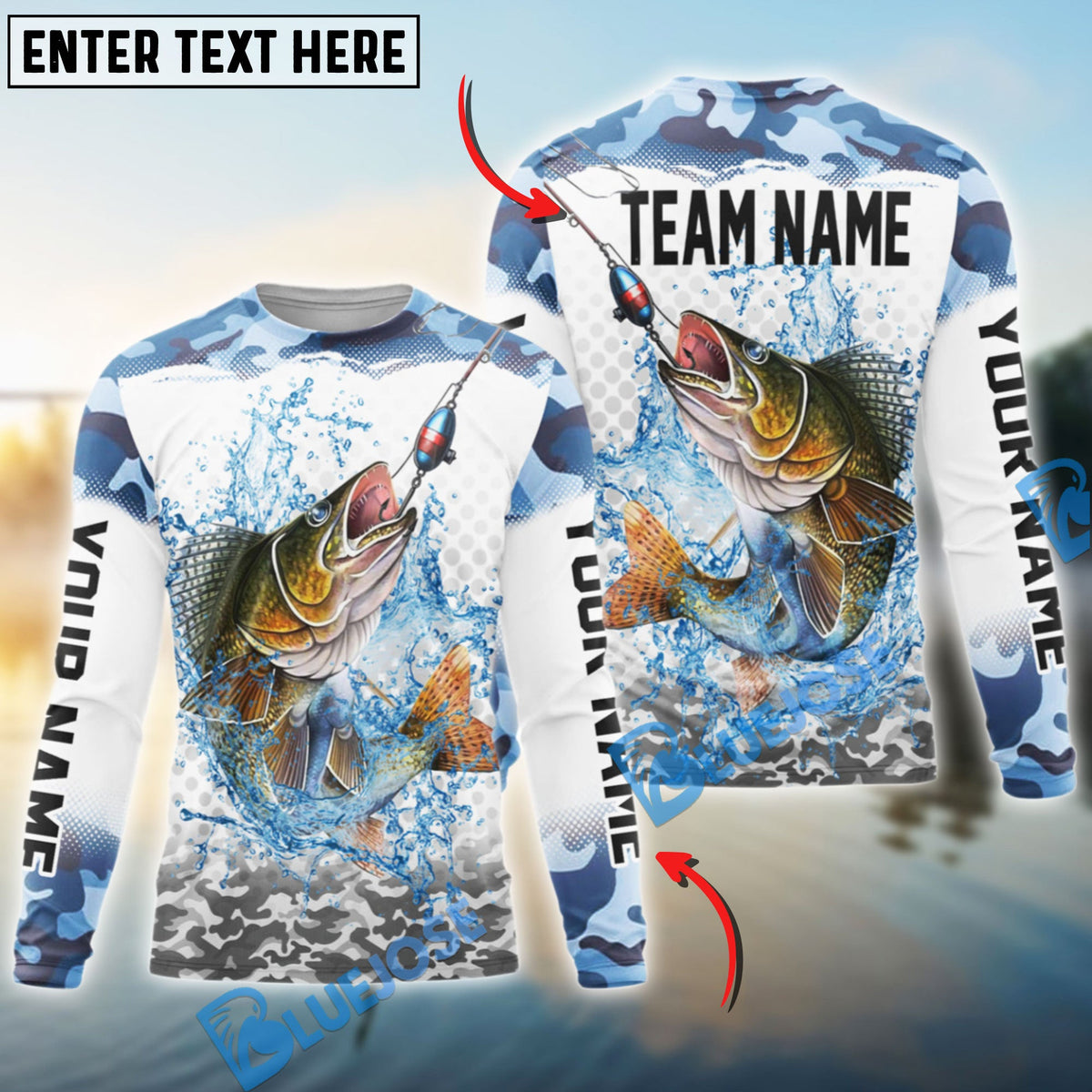 Bluejose Walleye Fishing Black Water Blue Camo Custom Name &amp; Team Name 3D Shirts