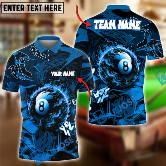 BlueJose Billiards Ball 8 Pool Flame Personalized Name & Team Name Shirt (4 Colors)