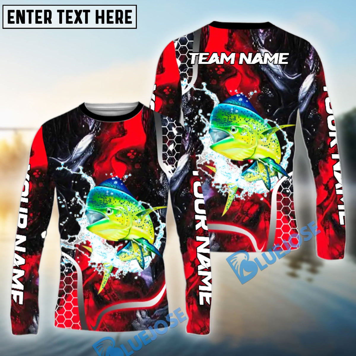 Bluejose Mahi-mahi Fishing Red Thunder Custom Name &amp; Team Name 3D Shirts