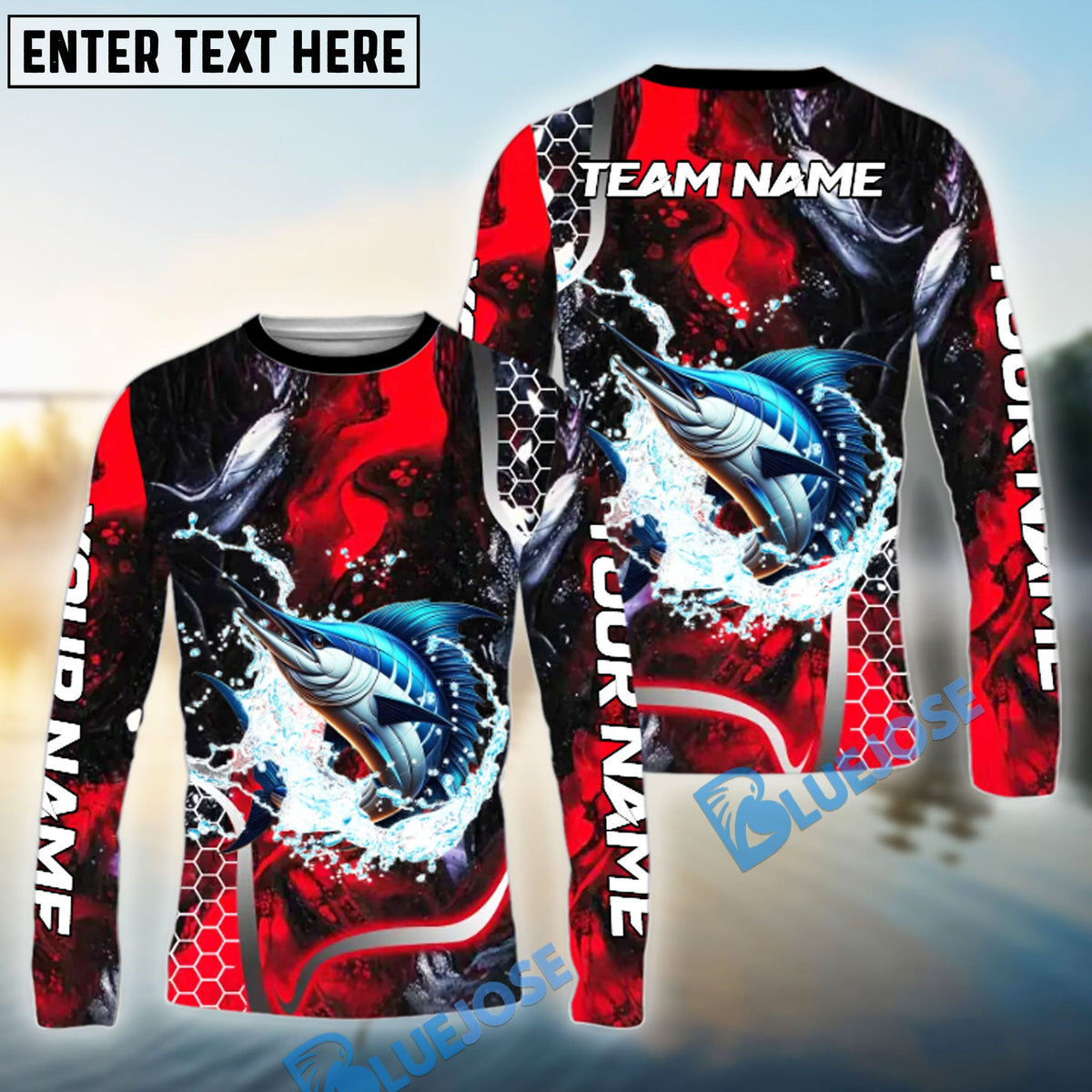 Bluejose Marlin Fishing Red Thunder Custom Name &amp; Team Name 3D Shirts