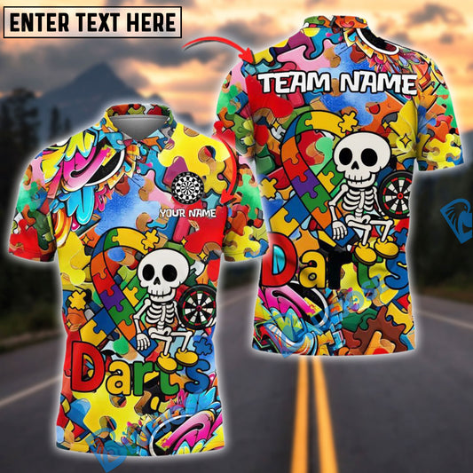 BlueJose Darts Skull Colorful Puzzle Cartoon Autism Awareness Personalized Name, Team Name Shirt