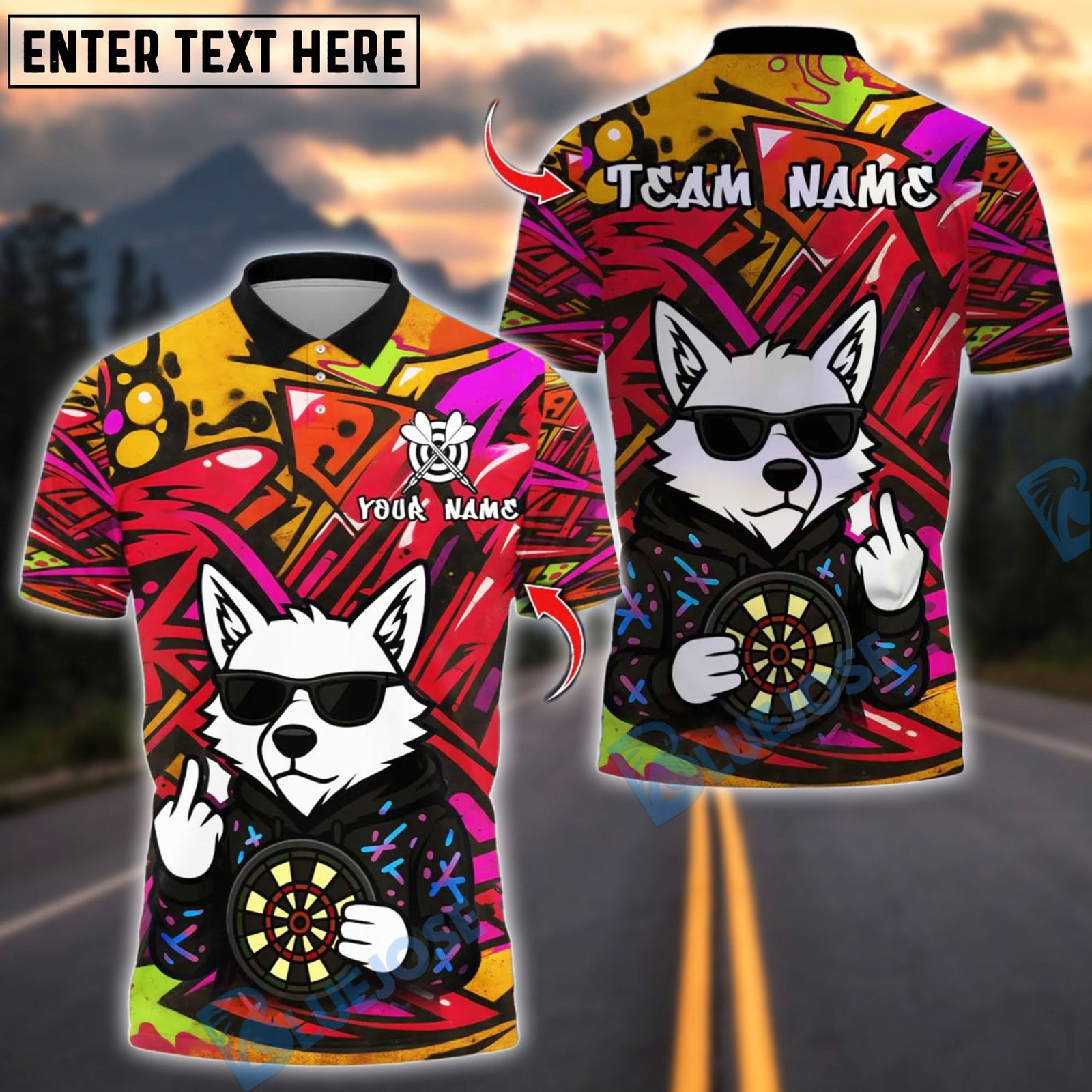 BlueJose Darts Graffiti Wolf Customized Name, Team Name 3D Shirt (4 Colors)