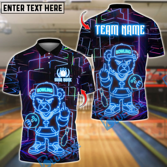 BlueJose Bowling And Pins Bear Crossed Arms Neon Customized Name, Team Name 3D Shirt (4 Colors)