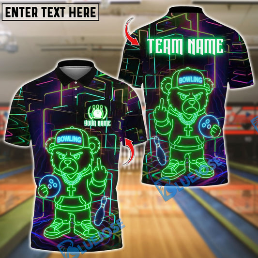BlueJose Bowling And Pins Bear Crossed Arms Neon Customized Name, Team Name 3D Shirt (4 Colors)