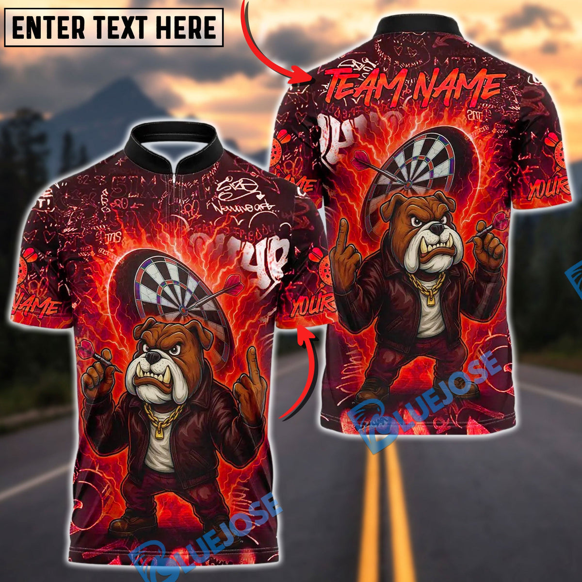 BlueJose Darts Bulldog Fire Flames Customized Name, Team Name 3D Shirt (4 Colors)