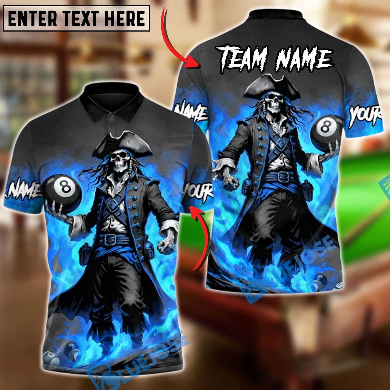 BlueJose Billiards 8 Ball Pirate Captain Pool Personalized Name Shirt (4 Colors)