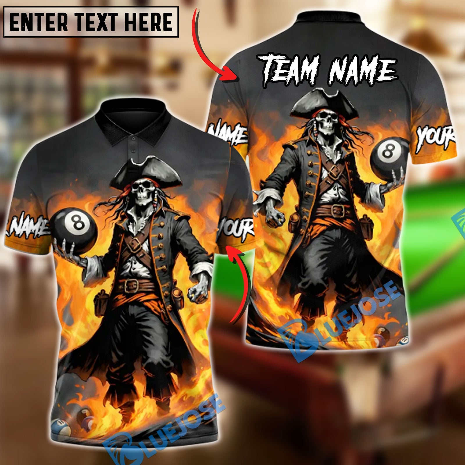 BlueJose Billiards 8 Ball Pirate Captain Pool Personalized Name Shirt (4 Colors)