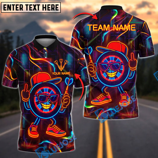 BlueJose Darts Neon Dartboard Swag Personalized Name, Team Name Shirt (4 Colors)